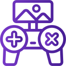 An elegant purple video game controller icon set against a sleek black background.