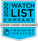 Designing Digitally - A teal badge titled "2020 Watch List Company" with "Custom Content Development," the "Training Industry" logo at the bottom, and a note about Designing Digitally. Designing Digitally -