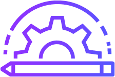 A purple icon with gears and a pencil representing an Online Training Solutions Vendor.