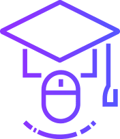 A purple graduation cap symbol on a white backdrop from an online training solutions vendor.