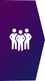 A purple hexagon with three people standing in front of it, showcasing our client list.