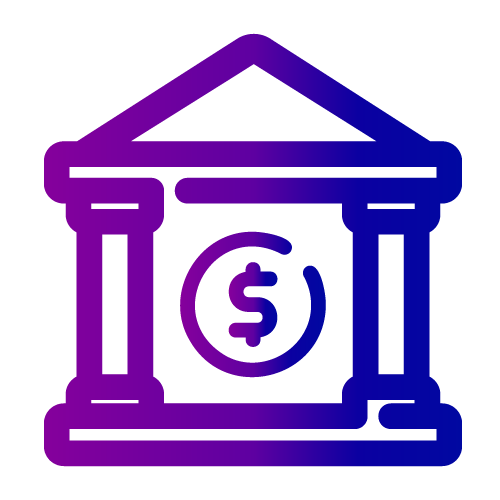 Purple line drawing of a bank and train icon.