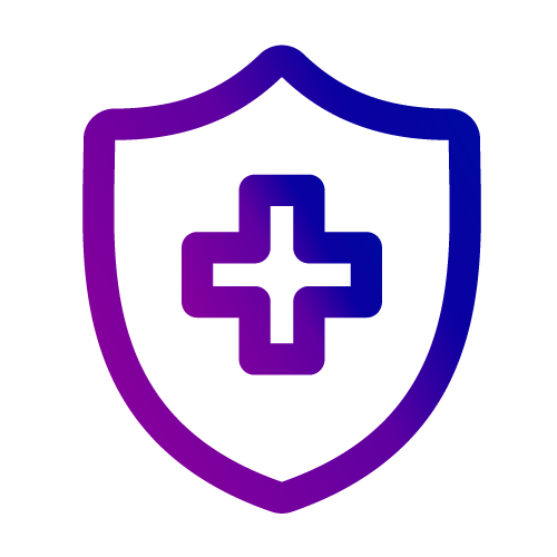 Shield with a white cross and purple outlines, possibly representing medical security or health protection in training industries.