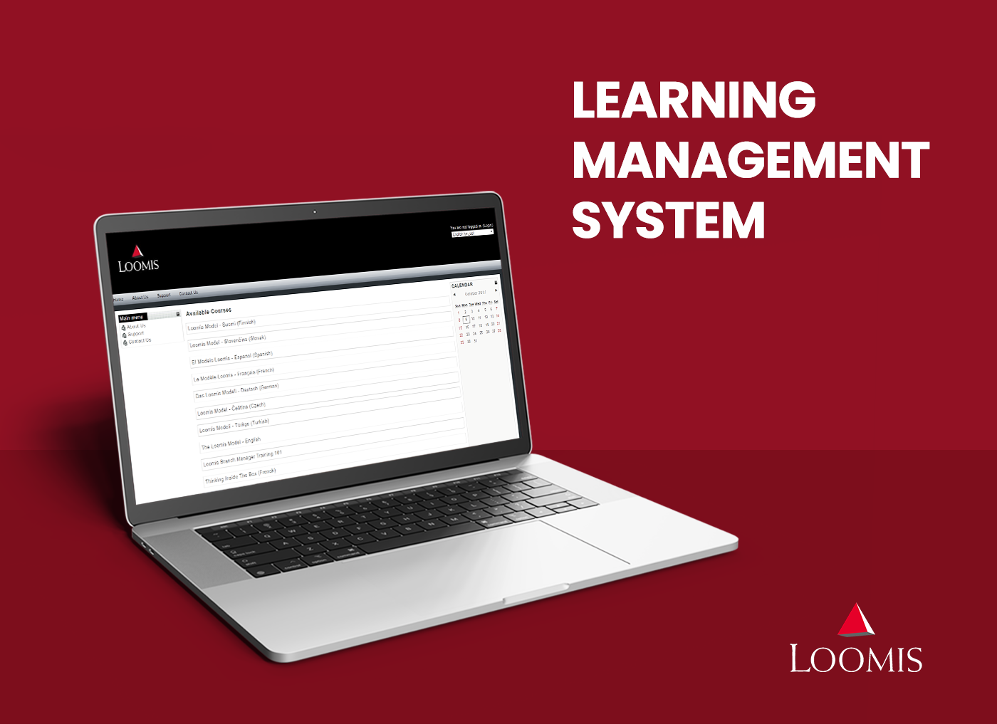 Laptop displaying a custom learning management system interface on a red background with the Loomis logo.