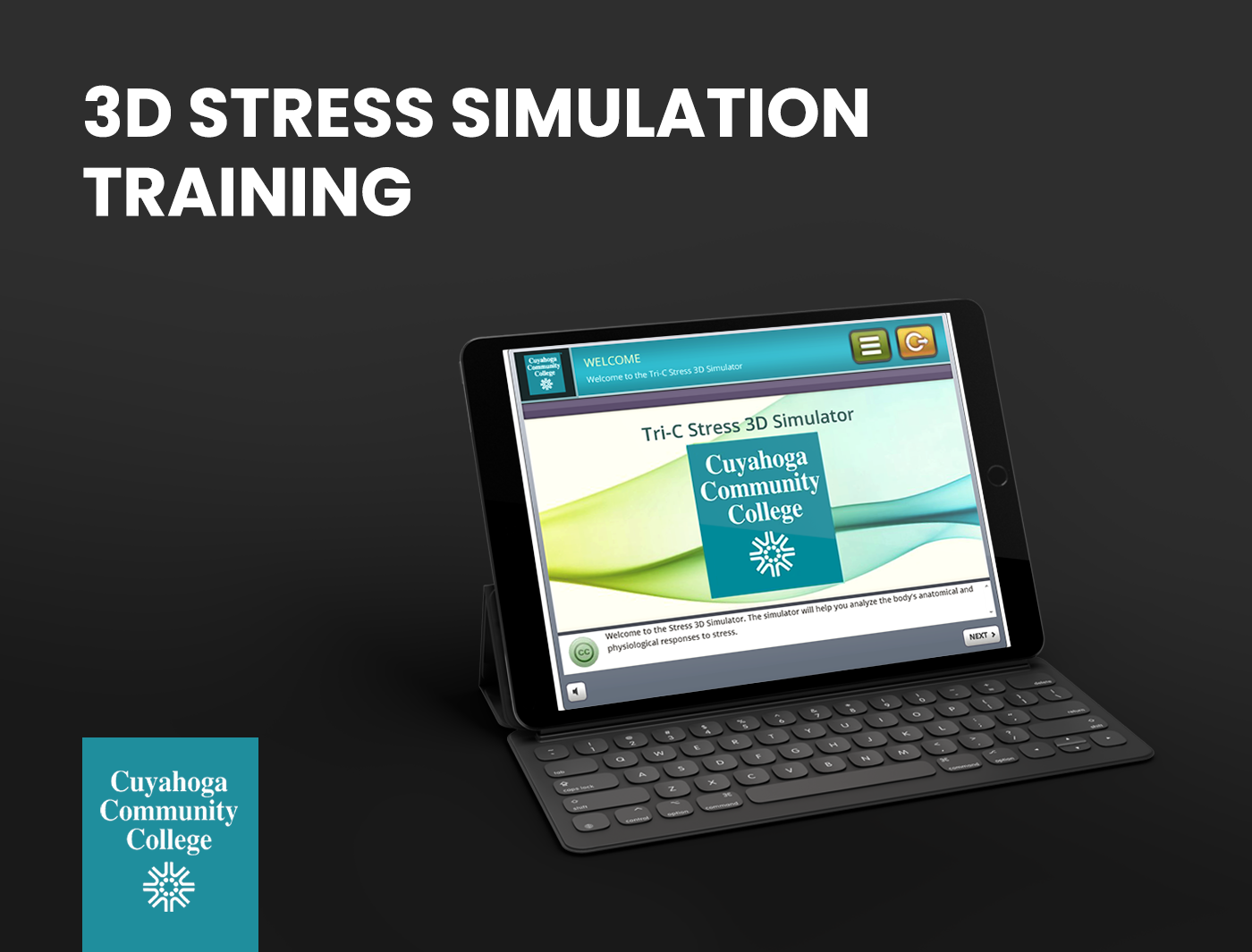 Designing Digitally - A tablet on a keyboard stand displaying "Managing Stressors Training" with Cuyahoga Community College branding on a dark background. Designing Digitally -