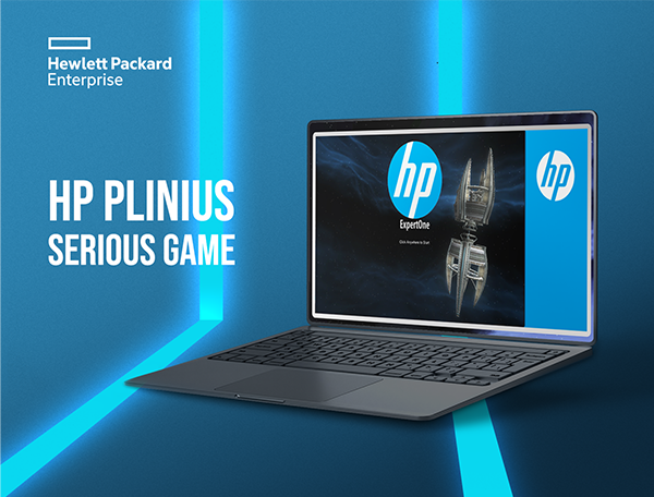 Laptop displaying hp plinius serious technical training immersive game by hewlett packard enterprise on its screen, set against a blue background with company branding.