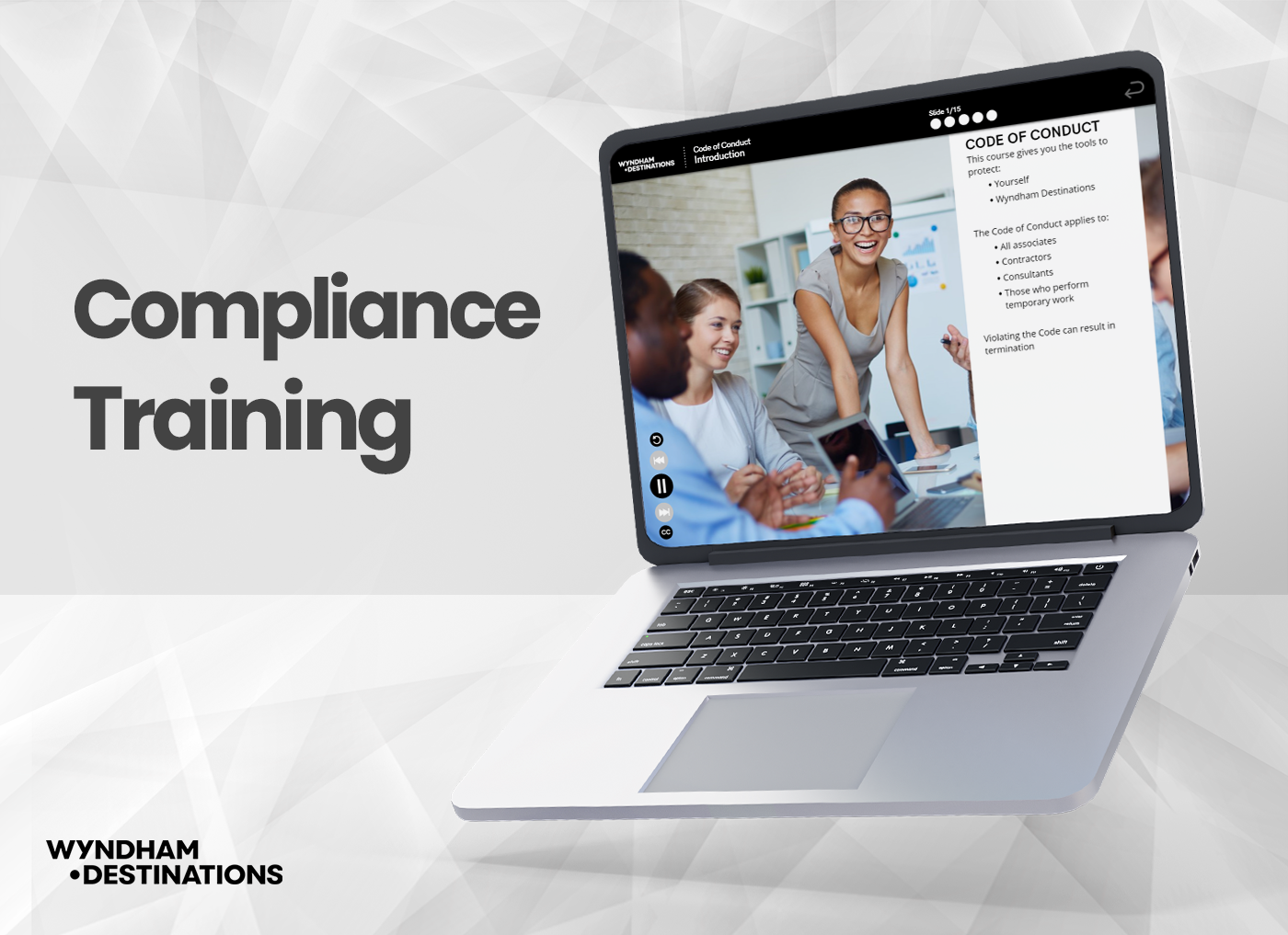 Designing Digitally - A laptop displaying a compliance training module with the text "Compliance Training Program" and the Wyndham Destinations logo visible on the screen. Designing Digitally -