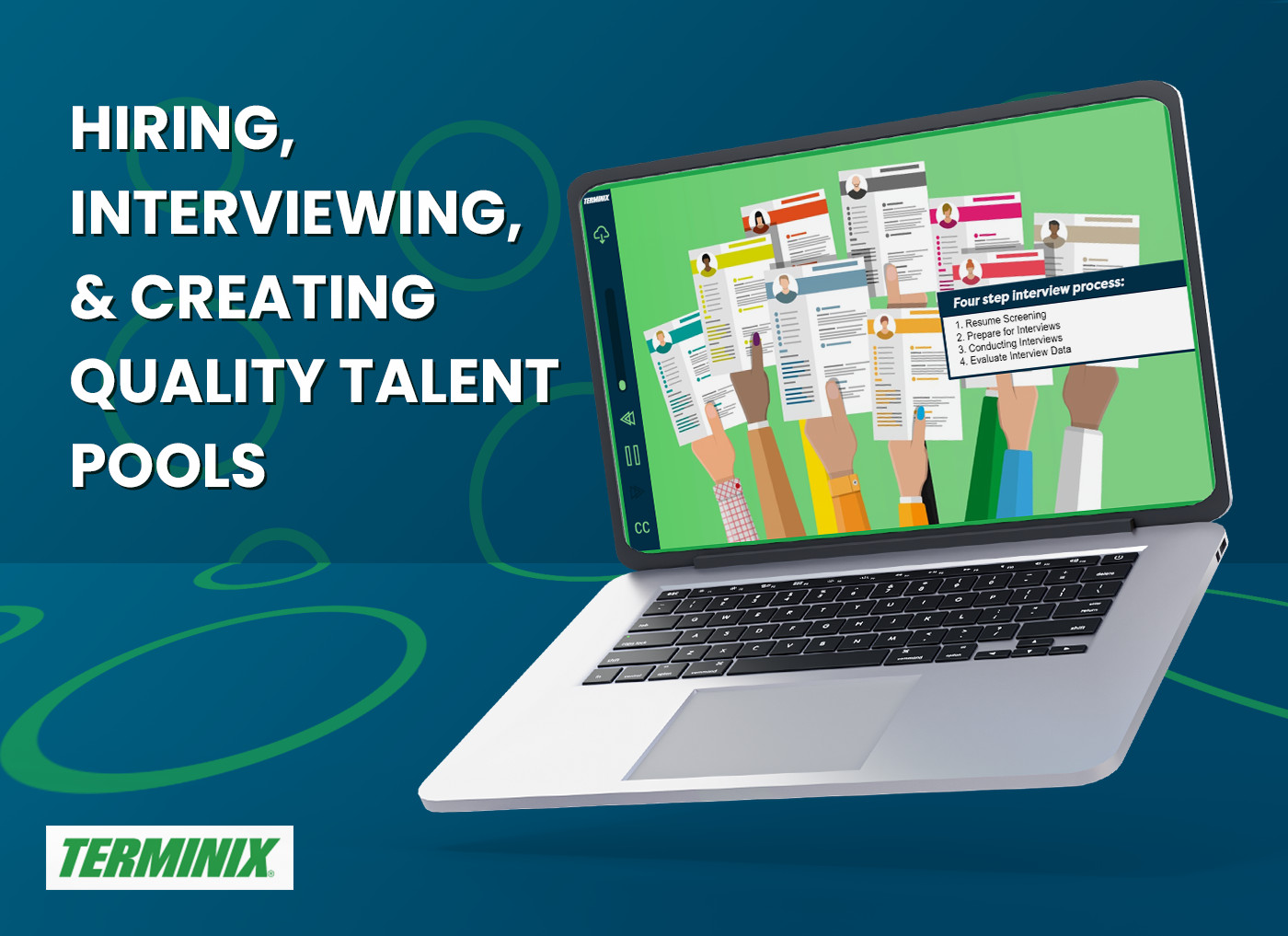 Designing Digitally - Image of a laptop displaying various resumes. Text on the left reads "Hiring, interviewing, & creating quality talent pools through Talent Management Training." A Terminix logo is present at the bottom left. Designing Digitally -