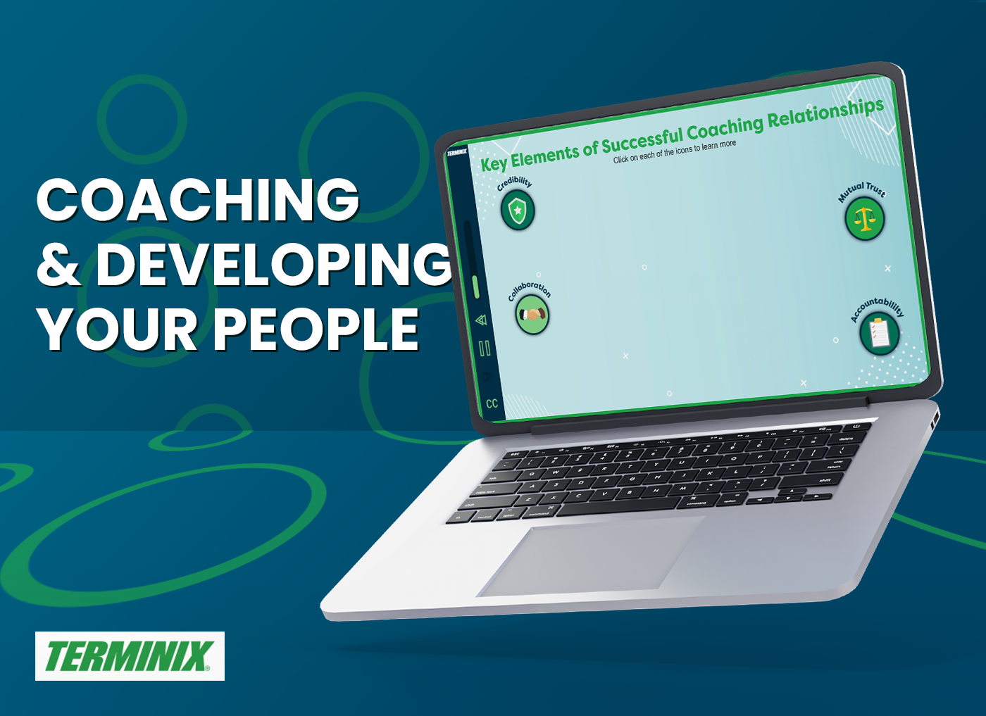 Designing Digitally - A laptop displaying a presentation on "Key Elements of Successful Coaching Relationships" with the text "Coaching & Developing Your People" and a Terminix logo in the background highlights Custom Online Leadership Training. Designing Digitally -