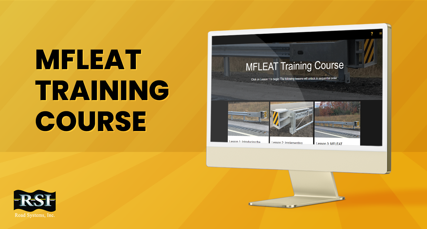 Designing Digitally - Computer monitor displaying the "MFLEAT Training Course" website. Text on the left reads "MFLEAT TRAINING COURSE" with the logo of Road Systems, Inc. in the bottom-left corner, offering a comprehensive Guard Rails Product Training Simulation.
Designing Digitally -