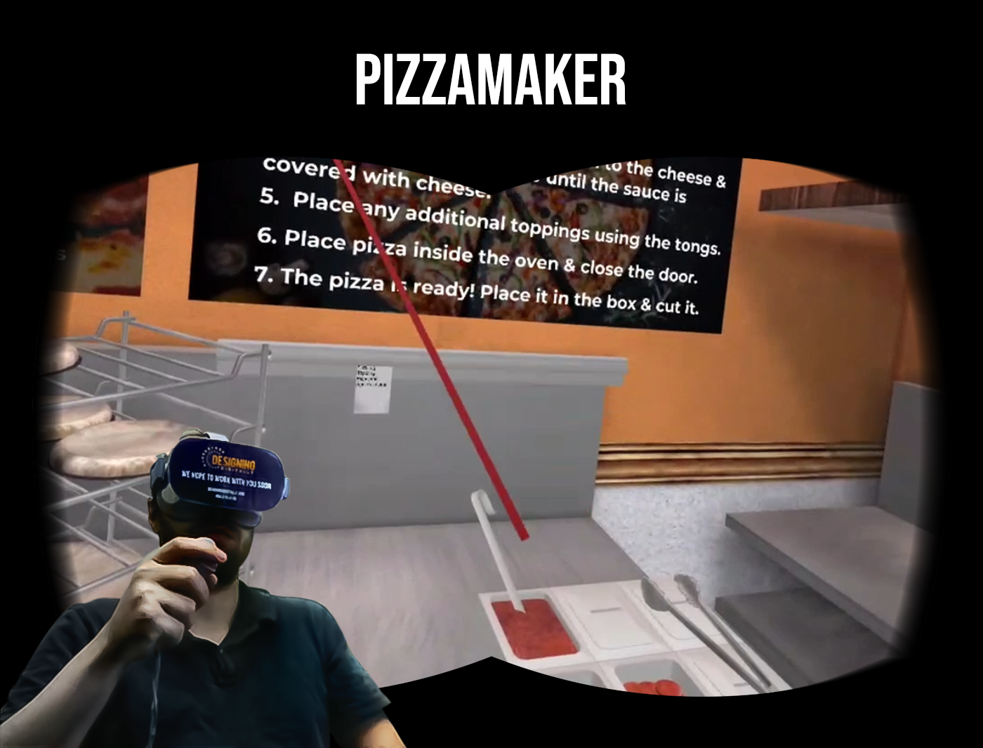 Designing Digitally - Person wearing a virtual reality headset playing a game called "Pizzamaker," with game instructions visible on the screen. This engaging experience serves as one of the innovative fast food training simulations, revolutionizing how employees learn essential skills in an interactive, fun way. Designing Digitally -