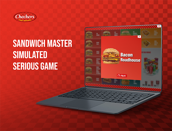 A laptop featuring a screen with a "Custom Training Game for Employees" from checkers, highlighting a bacon roadhouse sandwich.