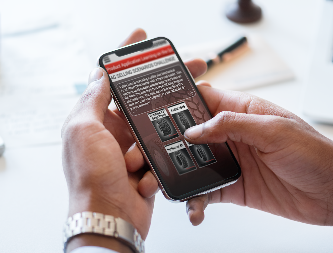 Person browsing stamp collection for sale on a mobile product application.