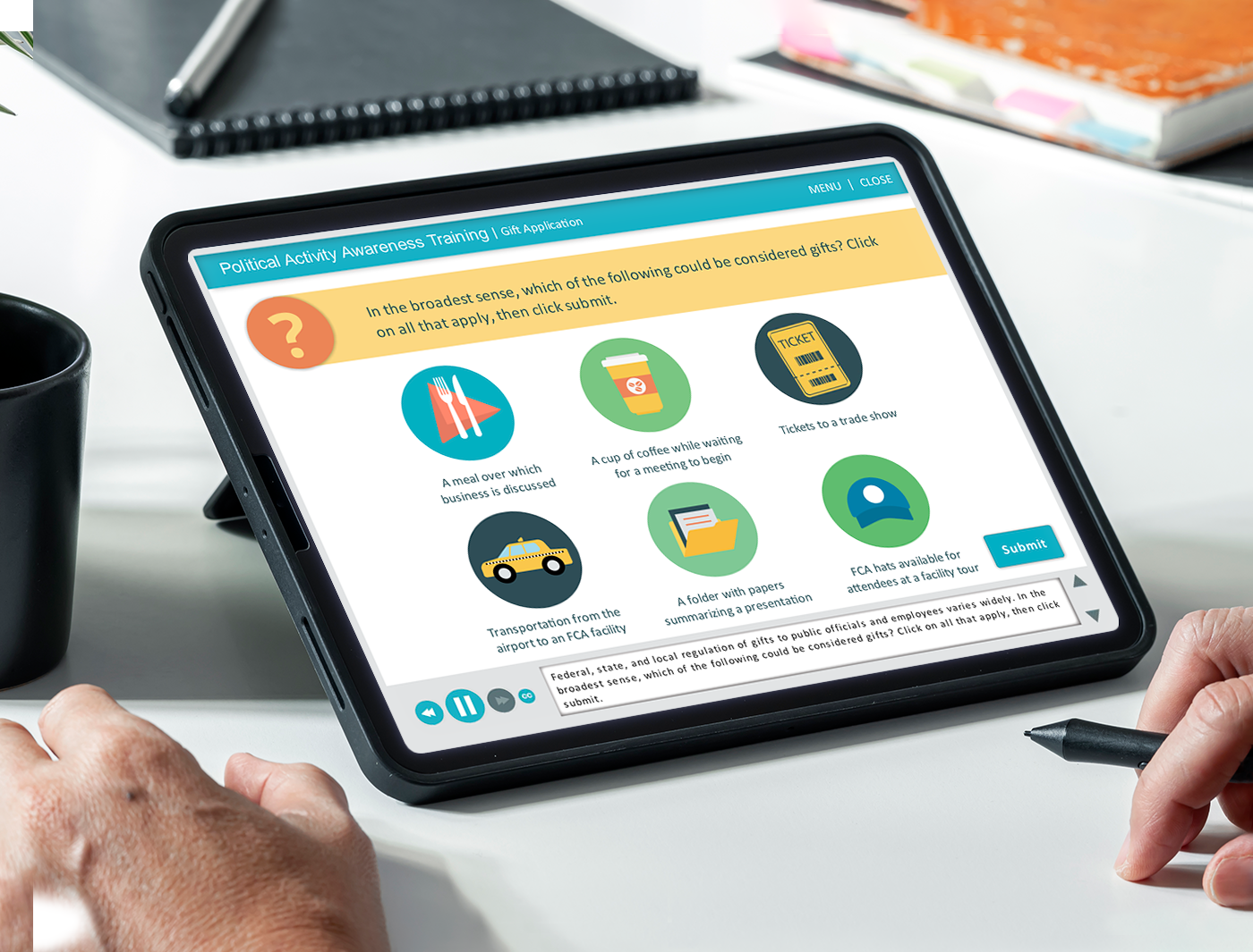 Person taking an online Lobbying and Political Activity Training course on a tablet.