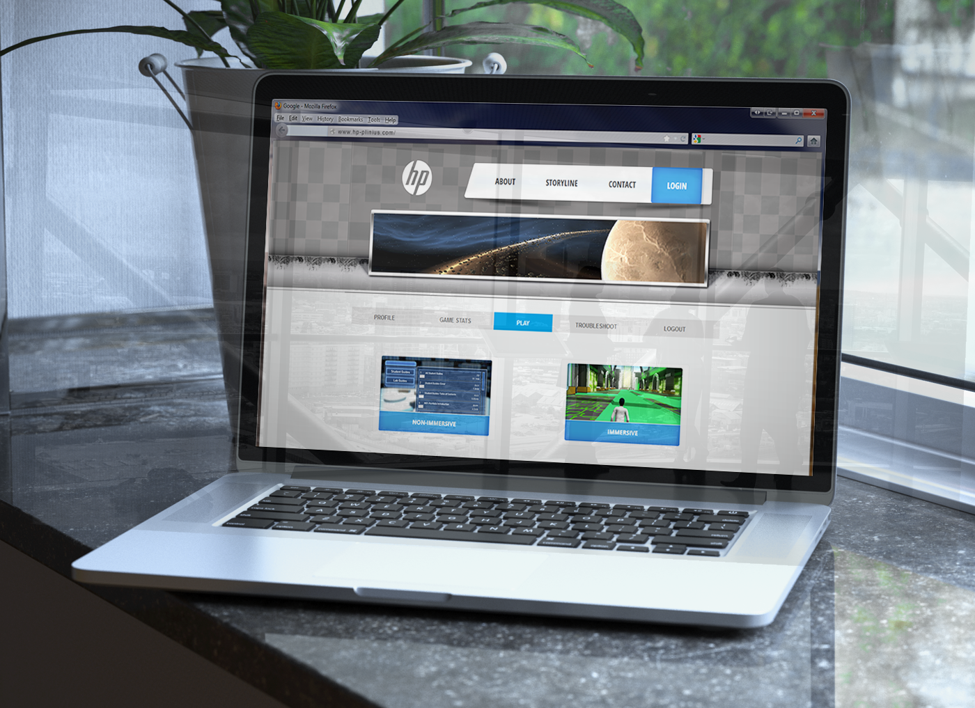 A laptop on a glass table displaying an immersive technical training web page with the hp logo.