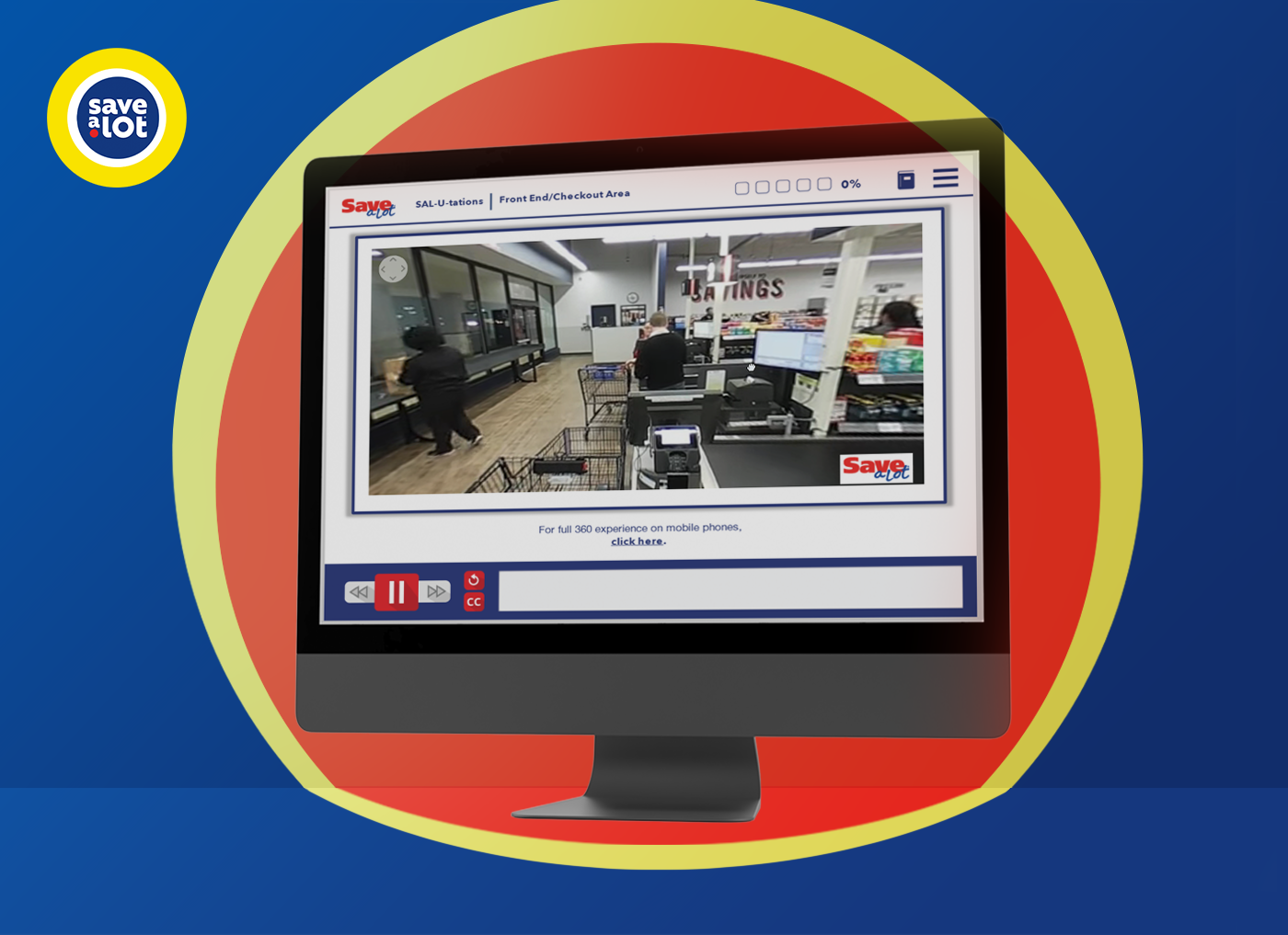 Designing Digitally - Computer monitor displaying a video of a grocery store checkout scene with shoppers and cashiers. The monitor, labeled as part of an eLearning Vendor simulation, is surrounded by a red and yellow graphic with a Designing Digitally -