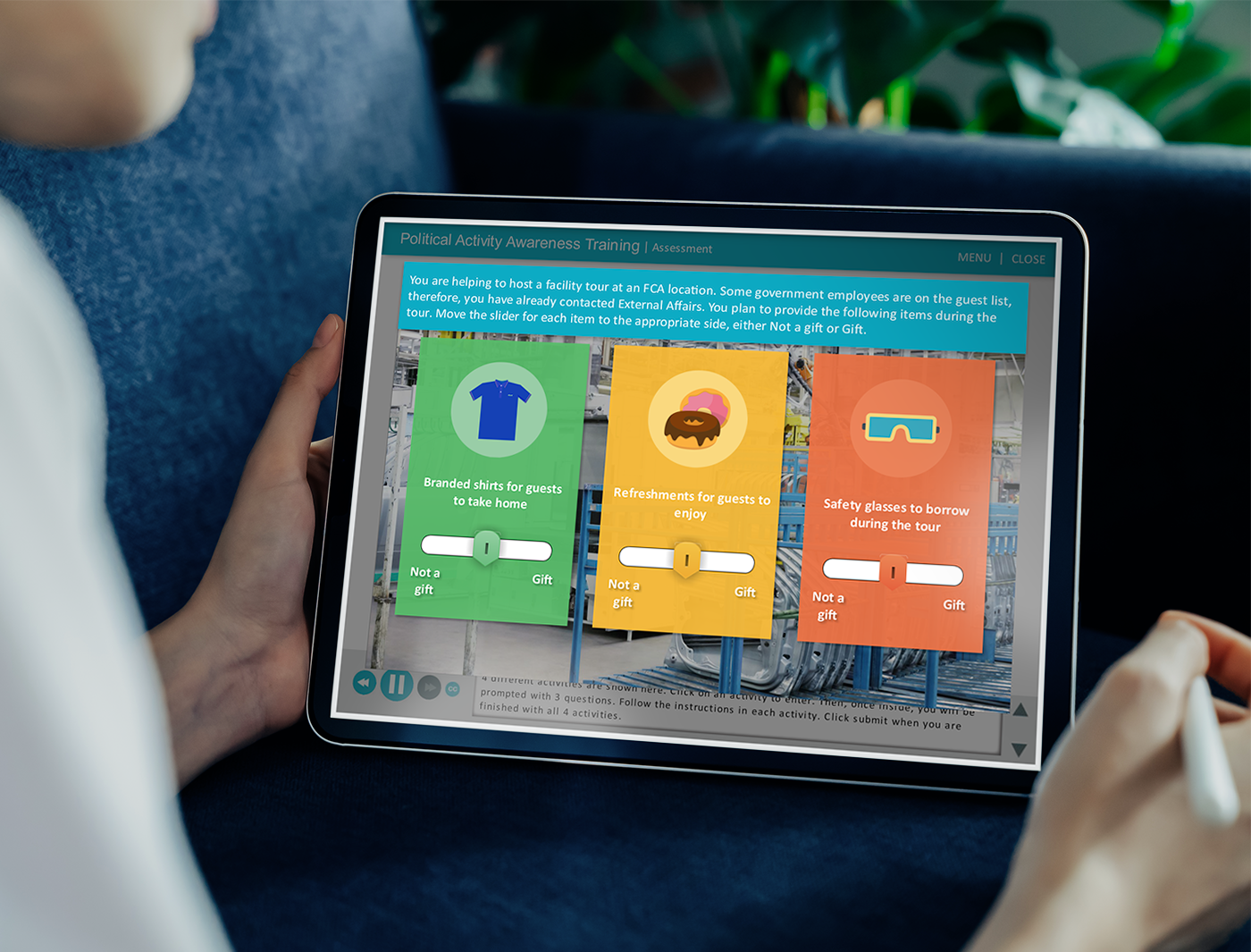 Person using a tablet with a Lobbying and Political Activity Training event planning checklist displayed on the screen.