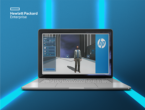 A laptop displaying an immersive technical training environment with an avatar standing in the center.