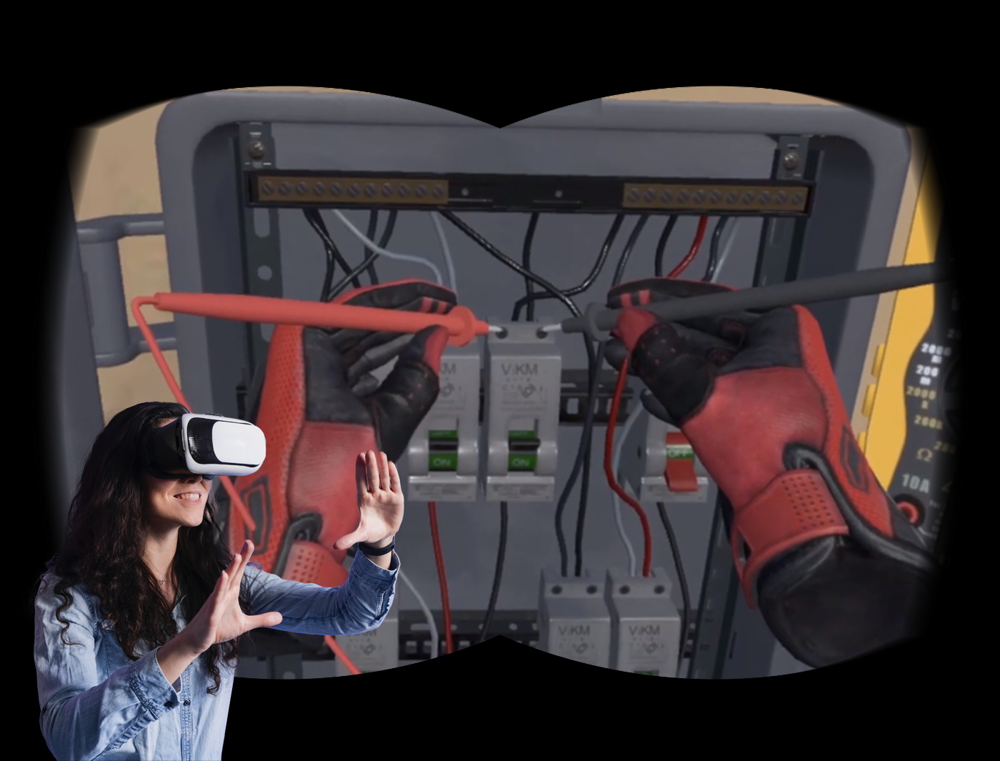 Designing Digitally - Person wearing a VR headset interacts with a virtual electrical panel using controllers, simulating a wiring task in an eLearning simulation. Designing Digitally -