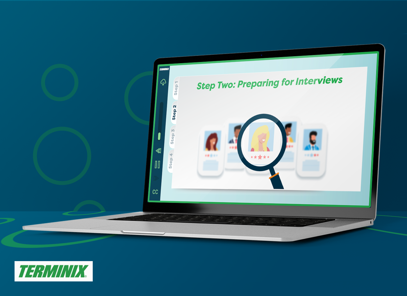Designing Digitally - Laptop screen displaying "Step Two: Preparing for Interviews" with blurred profile cards and a magnifying glass icon, highlighting the importance of Talent Management Training. Terminix logo in the bottom left corner. Designing Digitally -