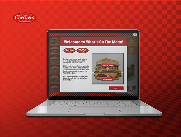 A laptop on a checkered surface displaying a webpage for a burger restaurant's menu features Custom Training Games for Employees.