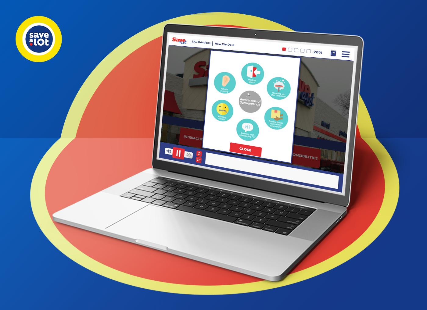 Designing Digitally - Laptop displaying a webpage with colorful icon options including health, location, and settings, superimposed on a concentric yellow and red background with a discount tag from an eLearning vendor. Designing Digitally -