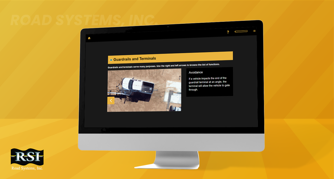 Designing Digitally - A computer screen displaying a webpage about "Guardrails and Terminals" with an image of a vehicle near a guardrail. The background, branded by Road Systems, Inc., showcases their comprehensive Guard Rails Product Training Simulation. Designing Digitally -