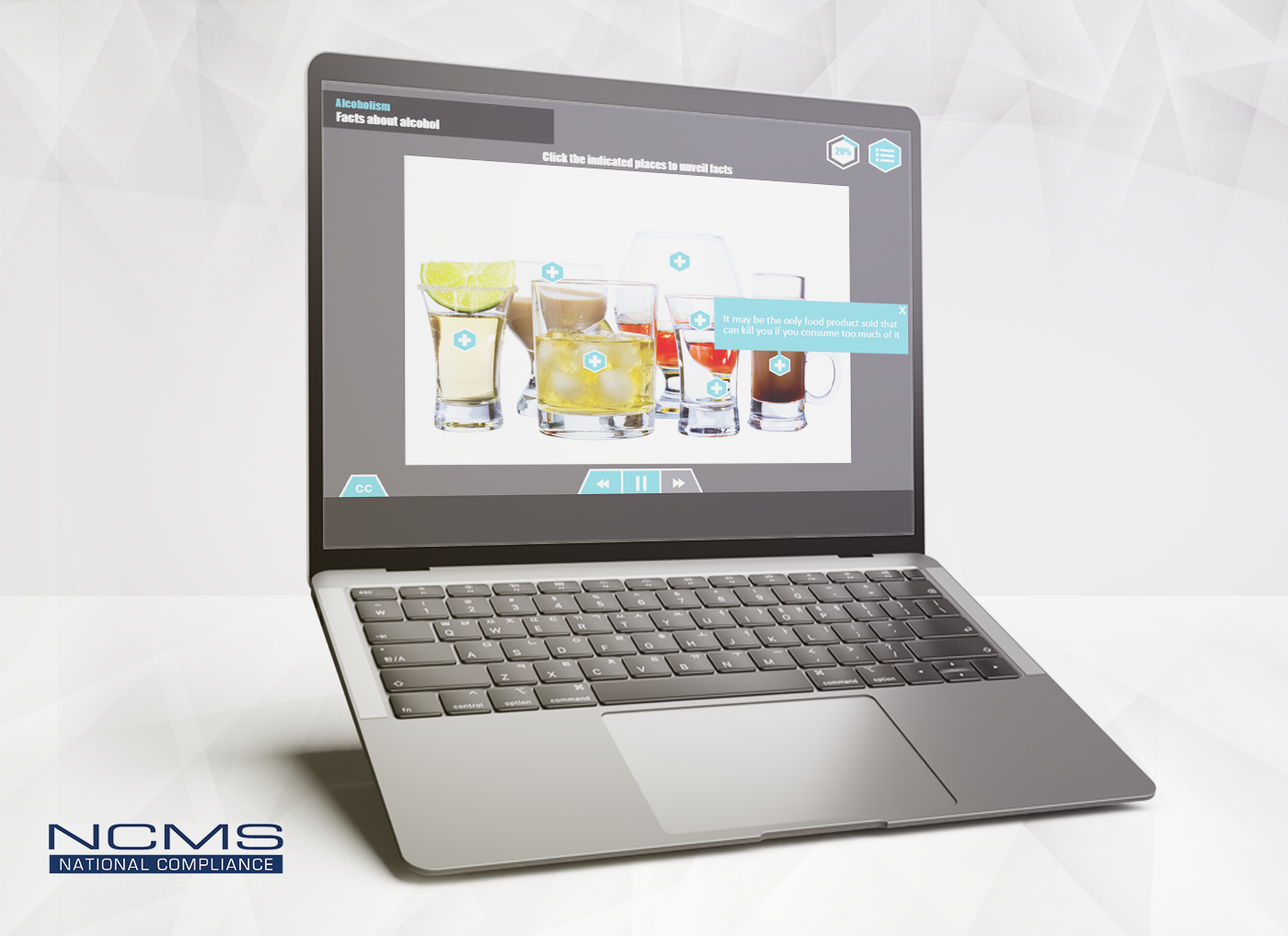 Designing Digitally - Open laptop displaying an educational module about alcohol's effect on reaction time, featuring various images of alcoholic beverages and interactive buttons. National Compliance logo is visible at the bottom left, highlighting its Drug & Alcohol Training Program. Designing Digitally -