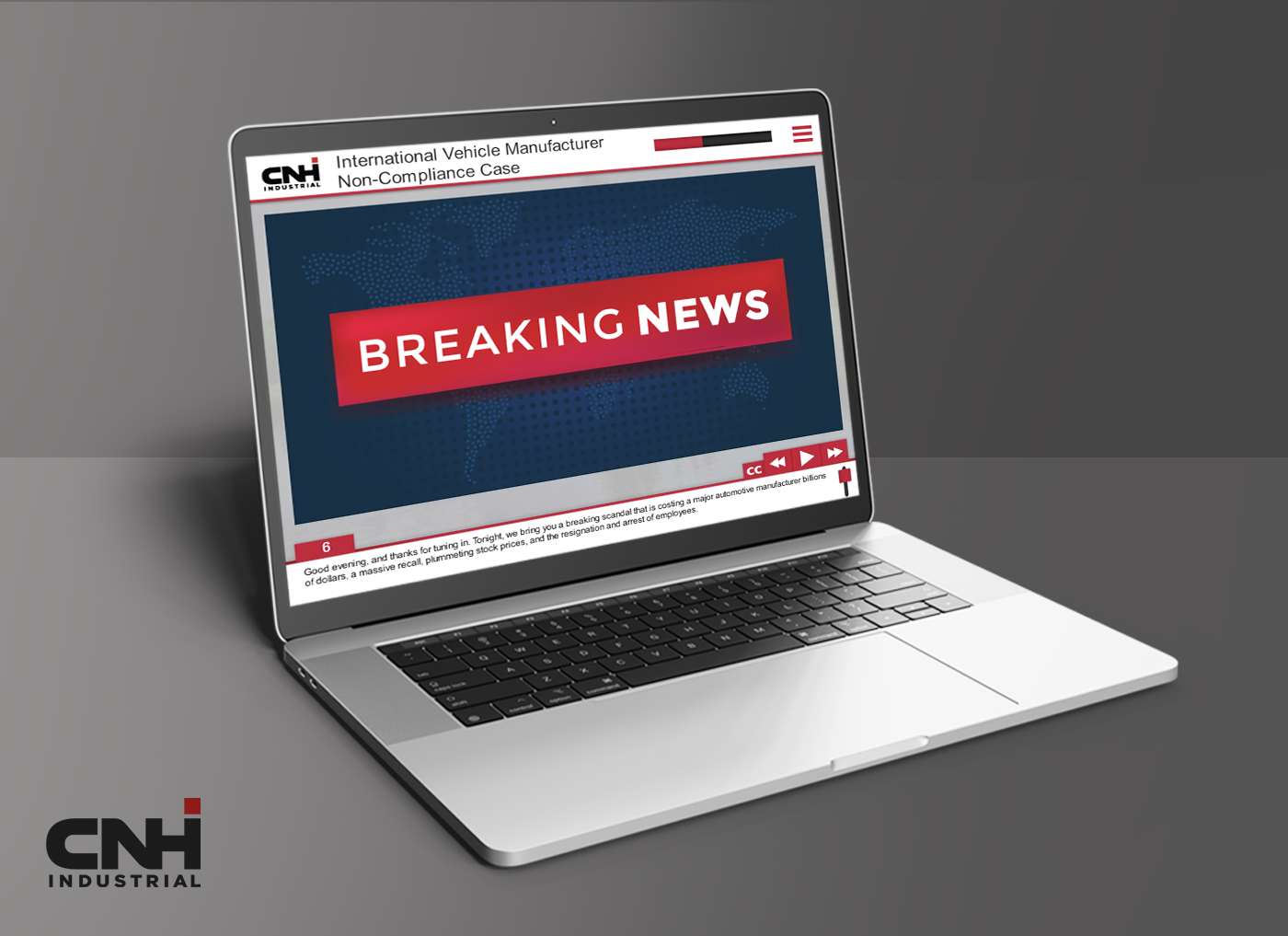 Designing Digitally - A laptop with a news website on the screen displays "Breaking News" about an international vehicle manufacturer's non-compliance case. The logo "CNH Industrial" is visible in the bottom left corner, highlighting issues related to emissions standards. Designing Digitally -