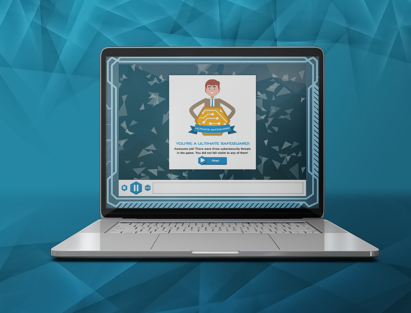 Laptop displaying a Cyber Security Assessment game with an illustration of a life jacket.