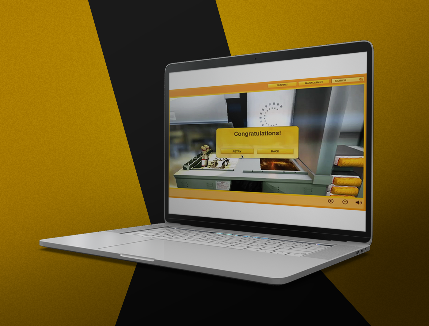 Laptop displaying a website with "congratulations!" banner on a split yellow and black background for Fast Food Training Simulations.