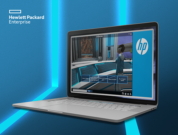 A Hewlett Packard Enterprise-branded laptop displaying an immersive technical training virtual meeting room with an avatar.
