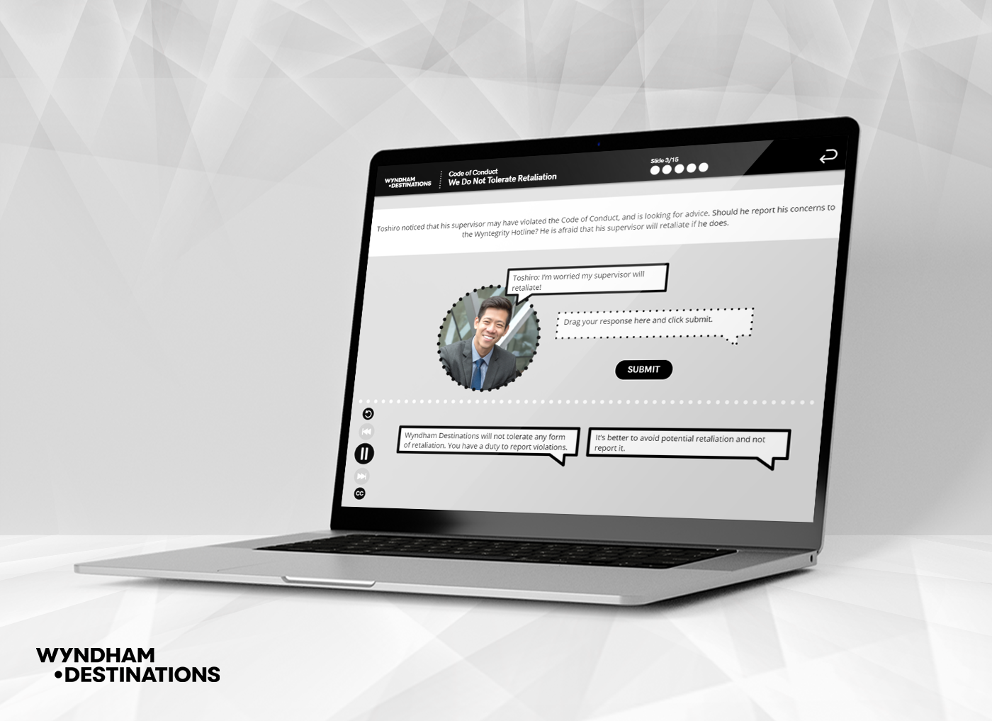 Designing Digitally - A laptop screen displaying an online compliance training program on workplace retaliation, including a photo of a person and text boxes for reporting concerns. The background prominently features the Wyndham Destinations logo. Designing Digitally -
