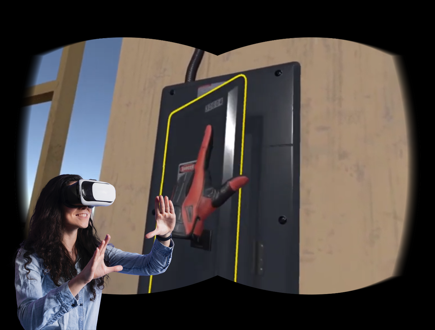 Designing Digitally - A woman wearing a VR headset interacts with a virtual display of a Schneider Electric cabinet and tool through an eLearning Vendor simulation. Designing Digitally -