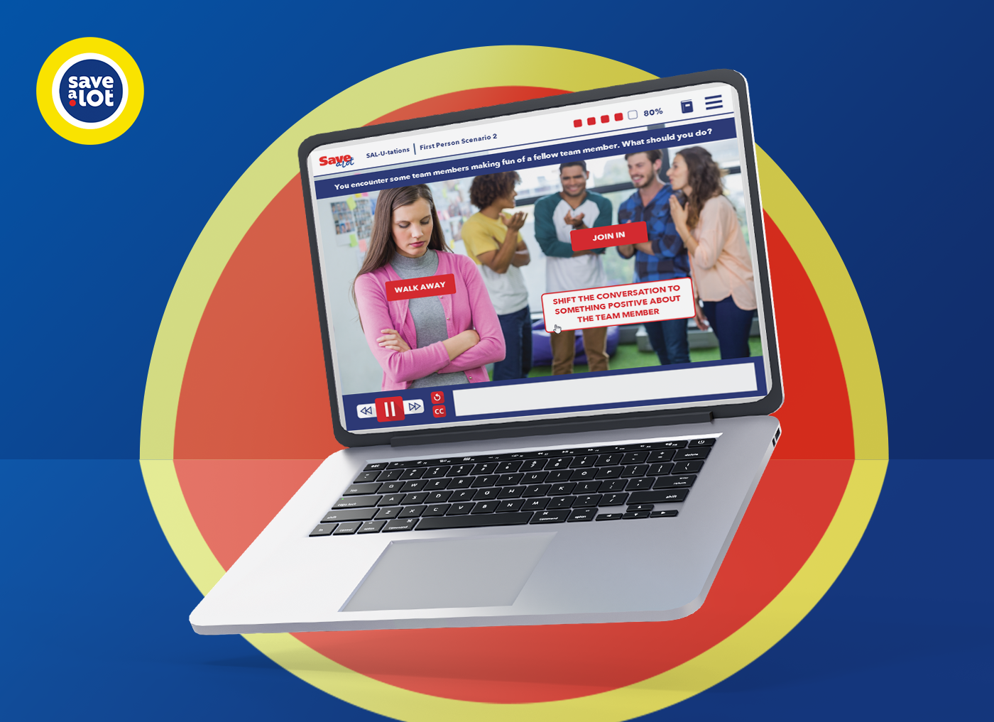 Designing Digitally - Laptop screen displaying an eLearning website with a video featuring a young woman looking anxious, and a clickable button labeled "join in" on the right side. Designing Digitally -