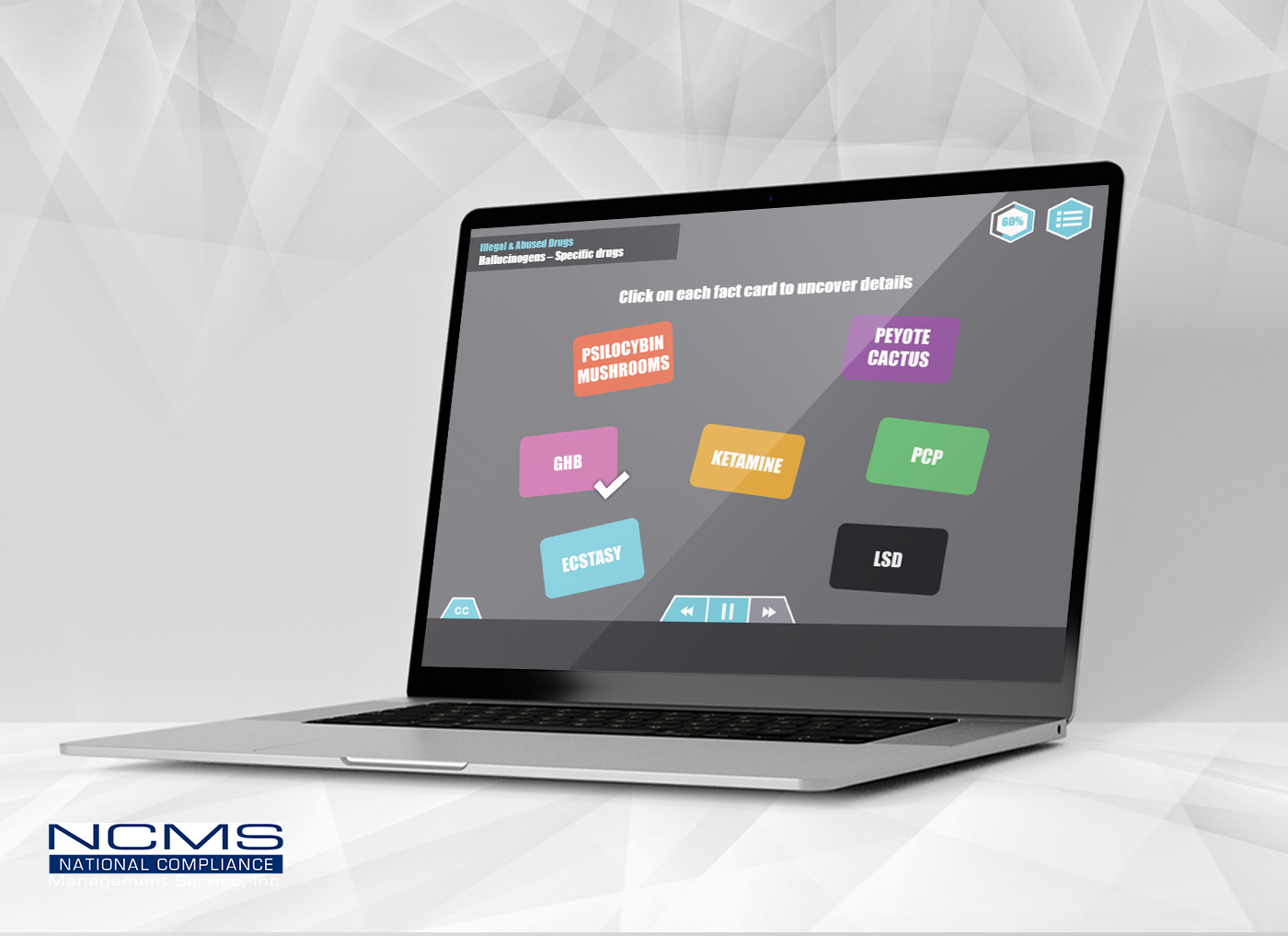 Designing Digitally - A laptop screen displaying an educational module titled "Drug Awareness: Specific Drugs" by NCMS National Compliance features clickable cards on drugs like GHB, Ketamine, LSD, and others as part of their comprehensive Drug & Alcohol Training Program. Designing Digitally -