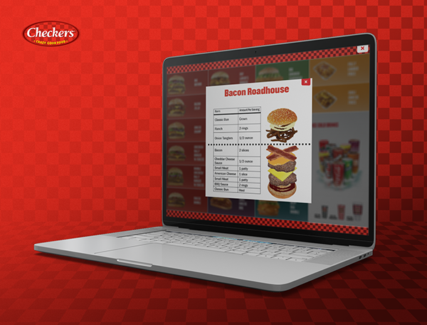 A laptop displaying Custom Training Games for Employees alongside a Checkers fast-food chain menu featuring a bacon roadhouse burger.