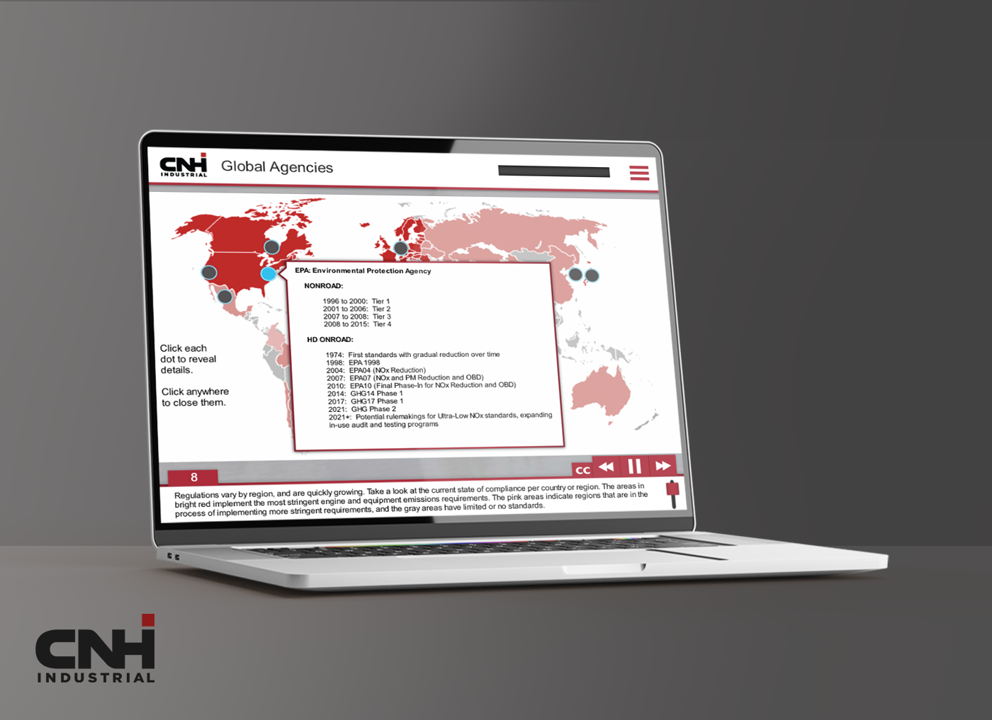 Designing Digitally - Laptop displaying a global agencies map with a focus on CNH Environmental Protection Agency data. The screen includes red-highlighted regions and a detailed text box referencing emissions standards. CNH Industrial logo at the bottom. Designing Digitally -