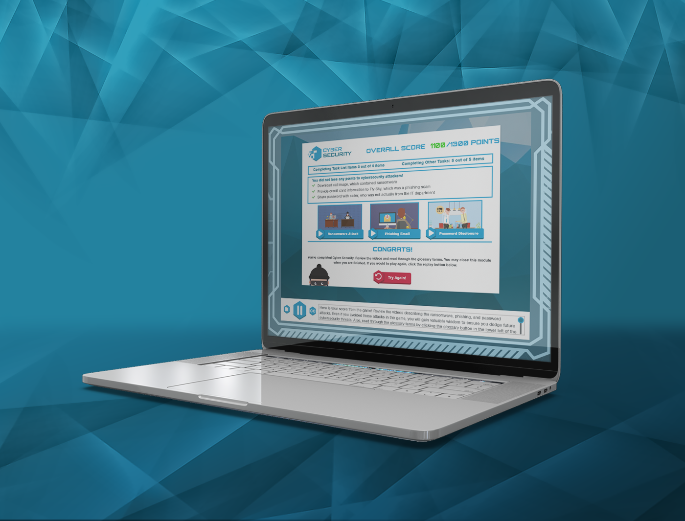 A laptop displaying a Cyber Security Assessment score result on its screen, set against a blue geometric background.