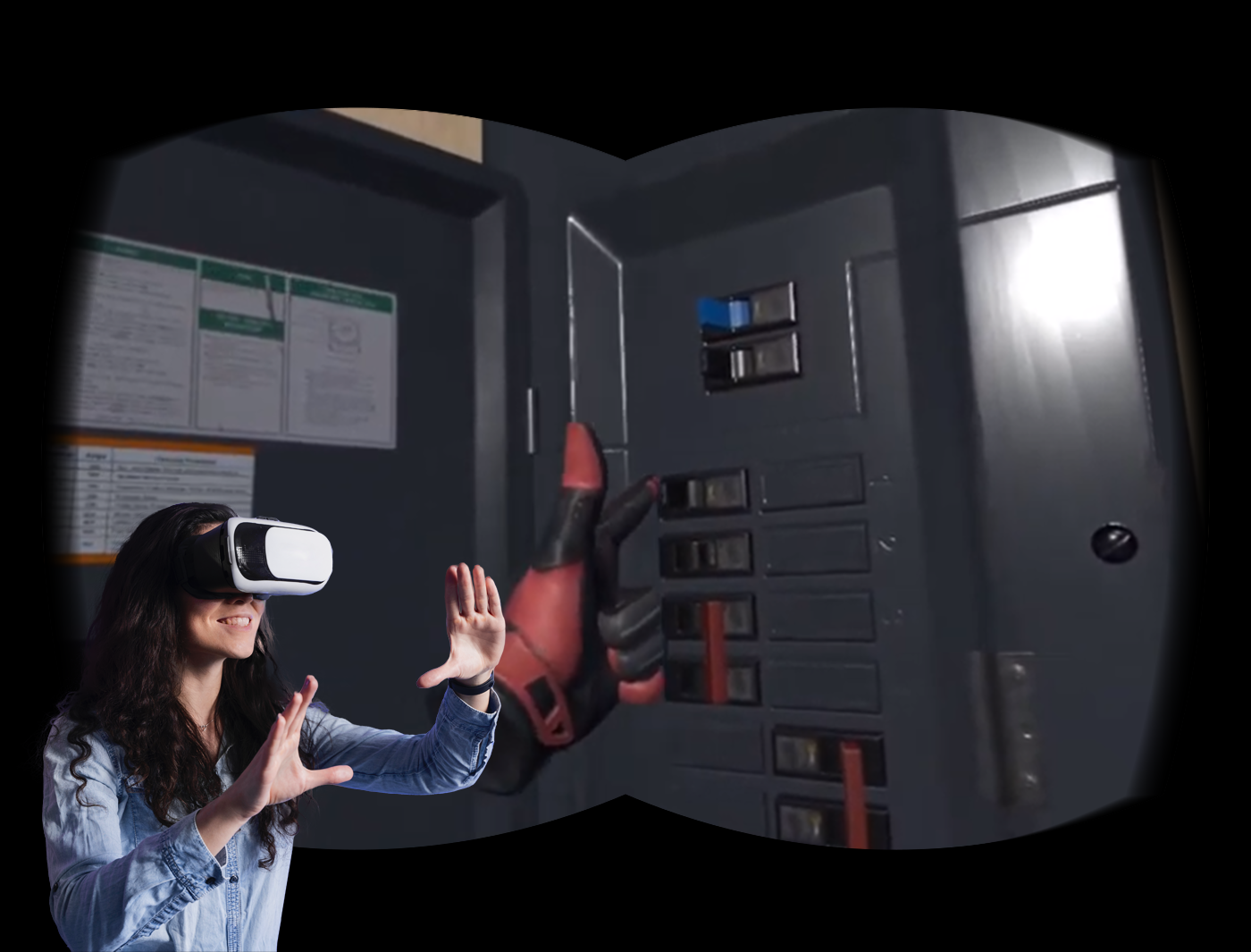 Designing Digitally - A woman wearing a VR headset interacting with a simulated 3D environment of a spaceship control panel designed by an eLearning vendor. Designing Digitally -