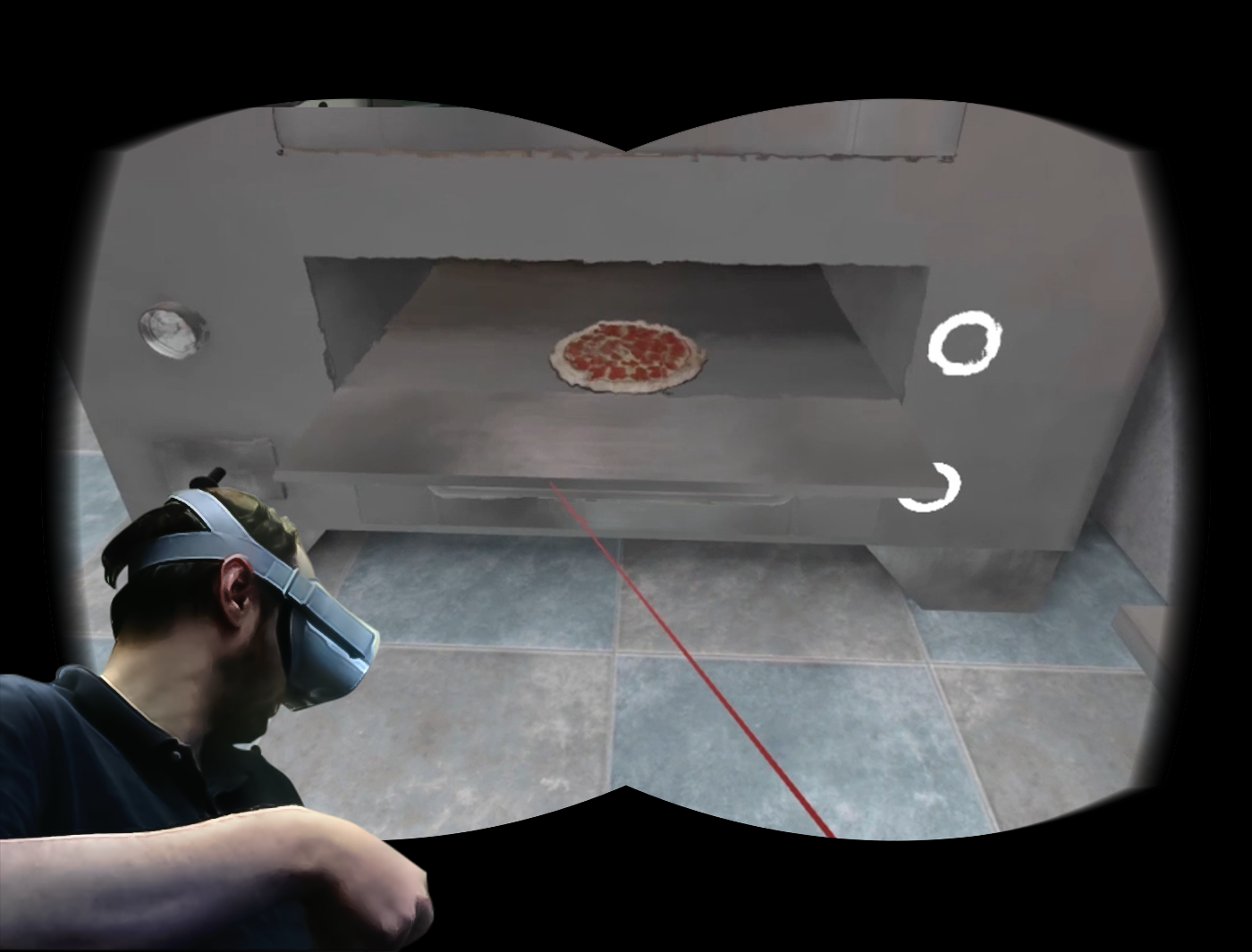 Designing Digitally - A person wearing a VR headset interacts with a virtual pizza scene, using a red laser pointer to select options inside a virtual oven in one of the latest fast food training simulations. Designing Digitally -