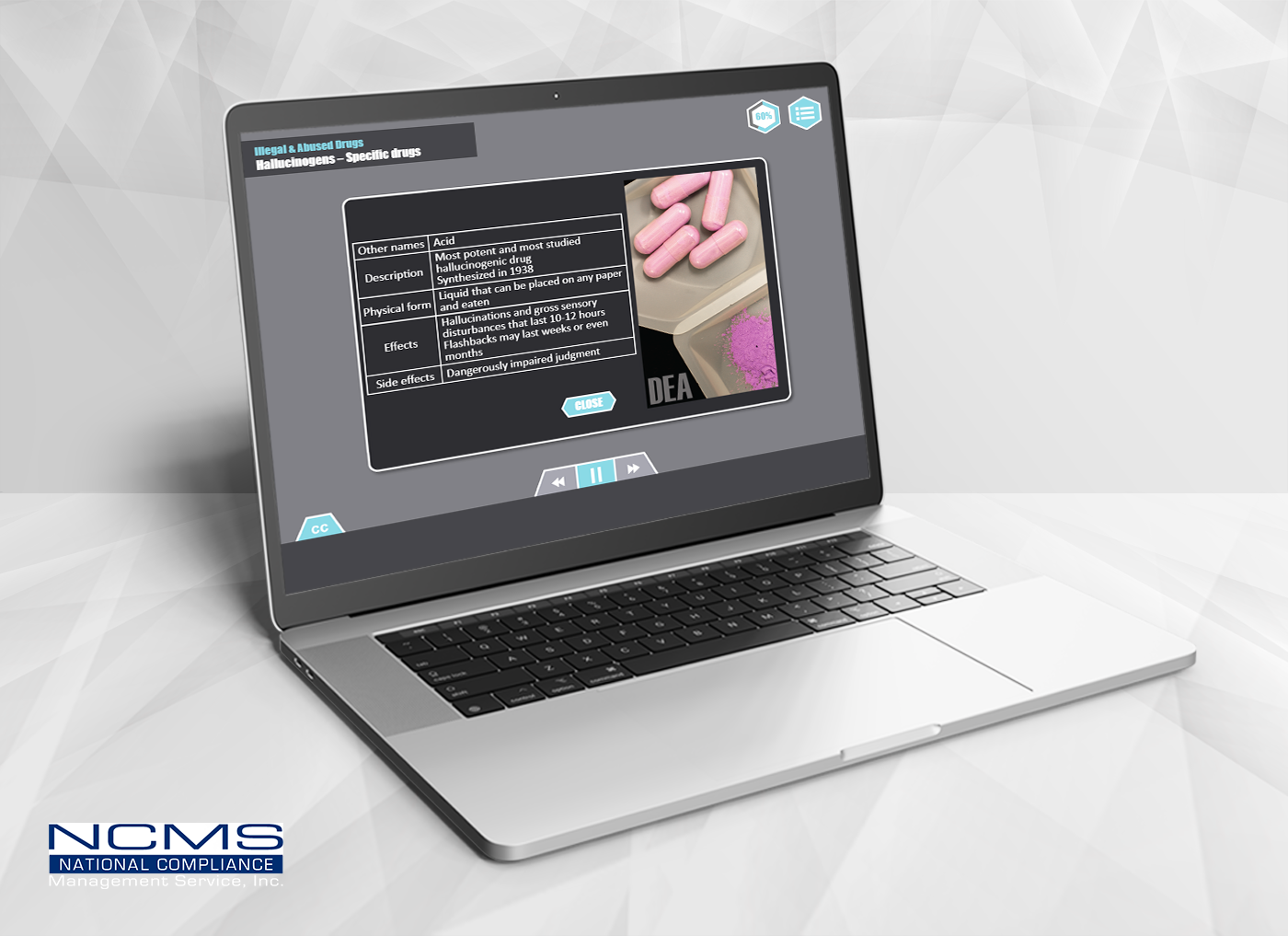 Designing Digitally - A laptop displaying an educational program about specific drugs, showing a screenshot with text and an image of pink capsules, forms part of the Drug & Alcohol Training Program. The NCMS logo is visible in the bottom left corner. Designing Digitally -