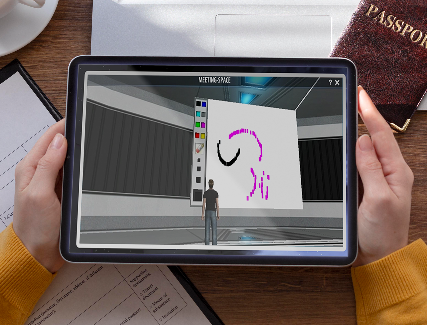 Person using a tablet to participate in an immersive virtual meeting with a digital whiteboard for technical training.