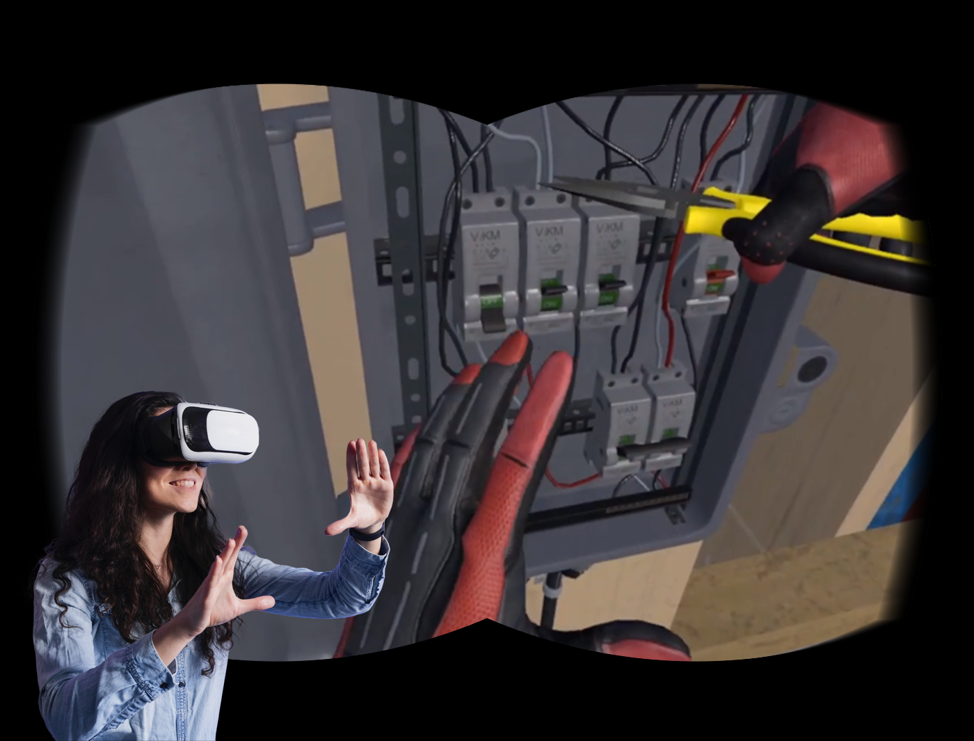 Designing Digitally - A woman wearing a virtual reality headset interacts with a simulated electrical panel, using her hands to manipulate virtual tools and components. Designing Digitally -