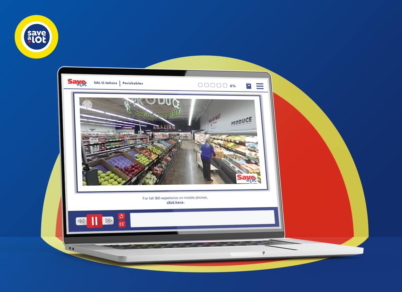 Designing Digitally - Illustration of a laptop displaying a video of a supermarket aisle with a person shopping, surrounded by a stylized circular graphic with an eLearning vendor tag. Designing Digitally -