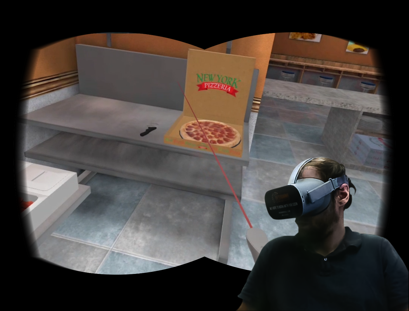 Designing Digitally - A person wearing a VR headset interacts with a virtual environment depicting a pizza box on a shelf in a kitchen setting, part of the fast food training simulations designed to enhance employee skills. Designing Digitally -