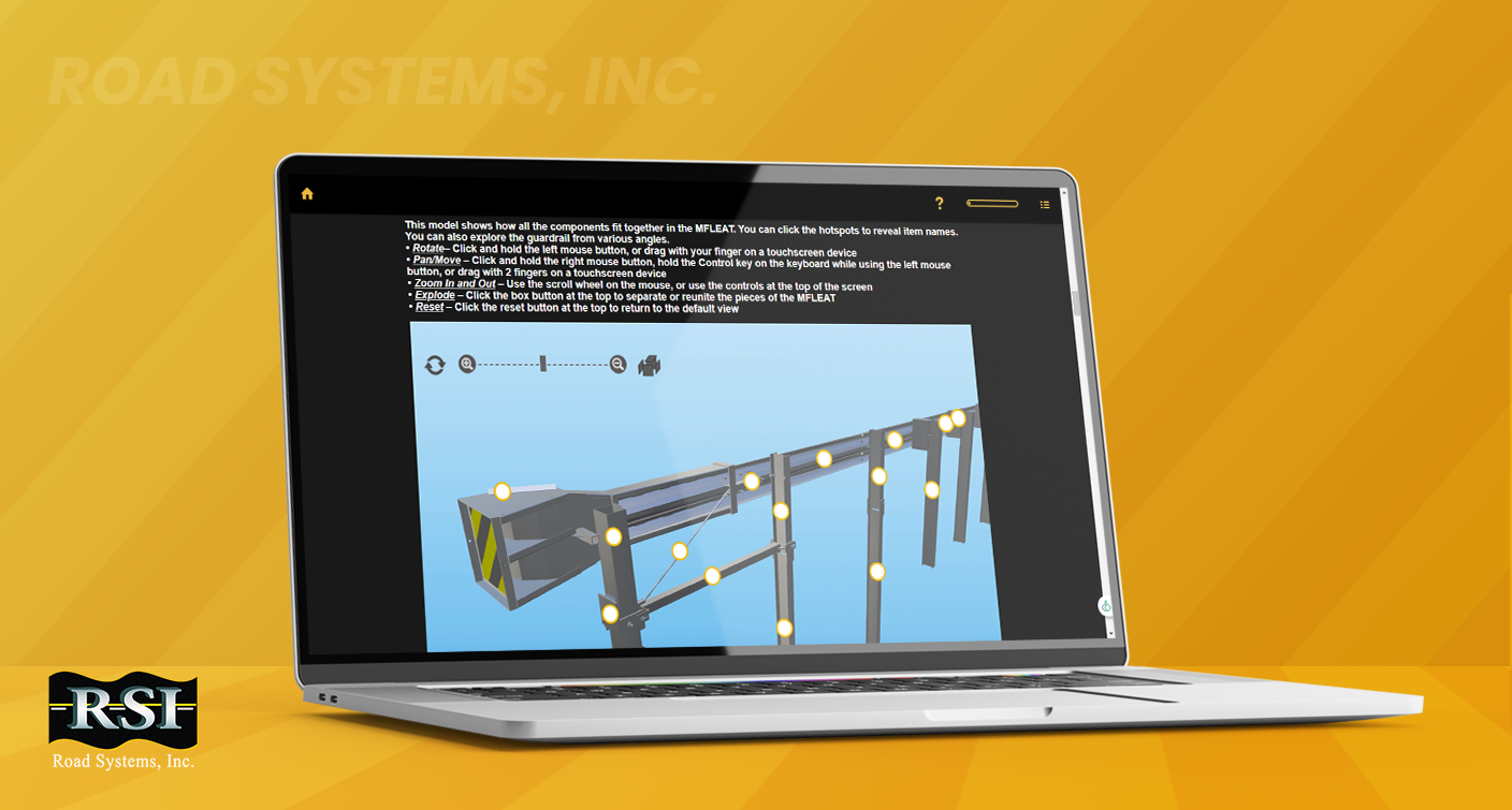 Designing Digitally - A laptop displays a 3D model of a construction project with instructional text, showcasing the Guard Rails Product Training Simulation. The screen shows various components connected in the model against an orange background, featuring the "RSI Road Systems, Inc." logo. Designing Digitally -