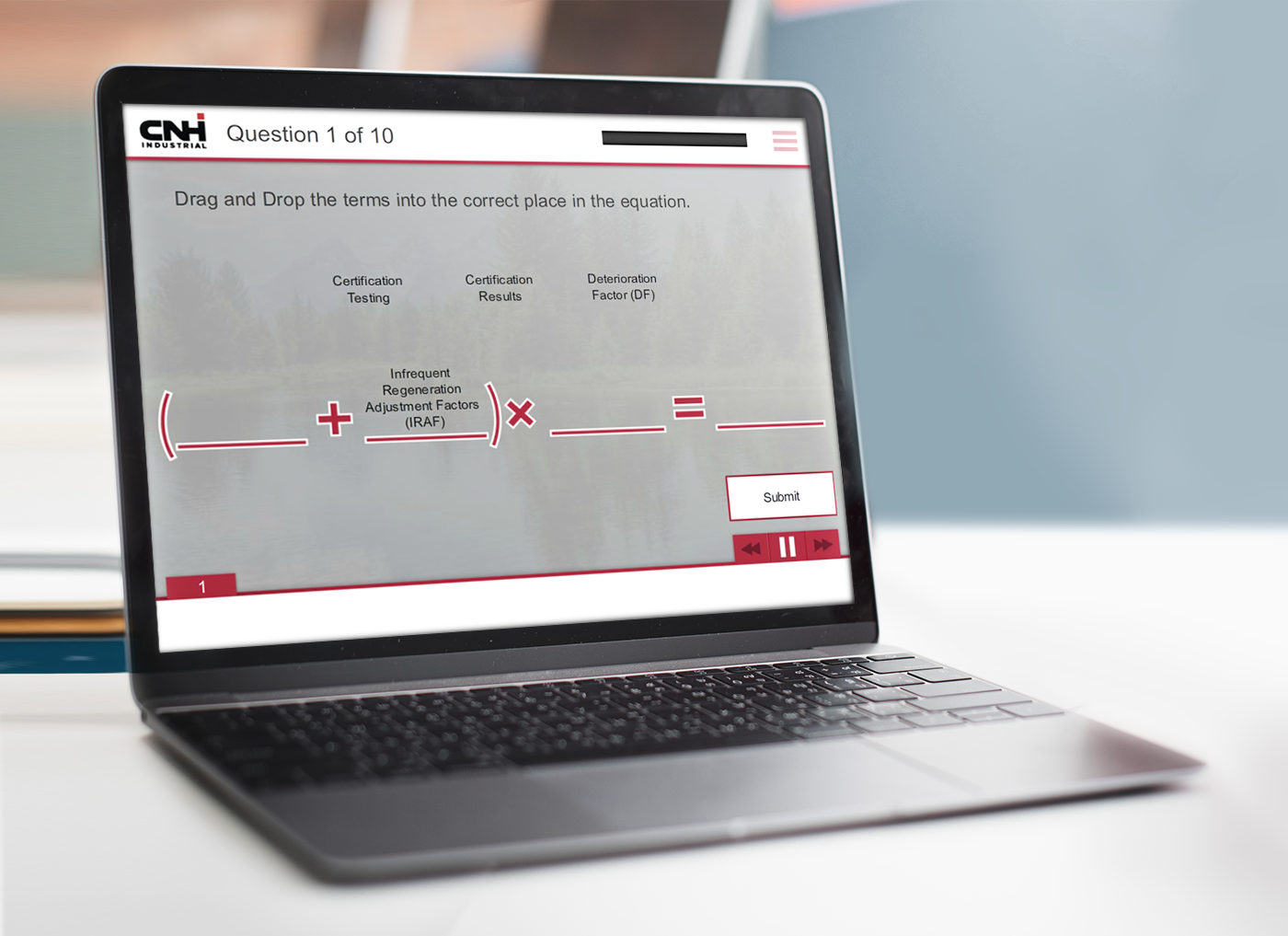 Designing Digitally - A laptop screen displays an online quiz with a drag-and-drop question involving terms like "Certification Testing," "Certification Results," and "Deterioration Factor" as part of Emissions Standards Training Programs. Designing Digitally -