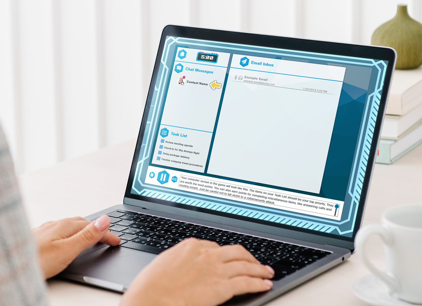 Person working on a laptop with a Cyber Security Assessment interface displayed on the screen.