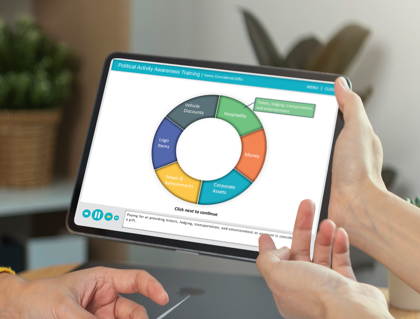 Two hands holding a tablet displaying a colorful pie chart for "Lobbying and Political Activity Training.
